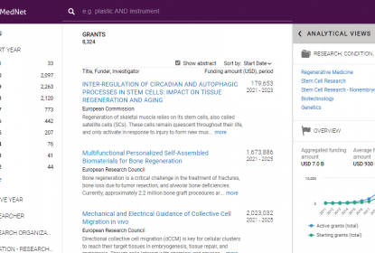 Screenshot of database showing regenerative medicine grants